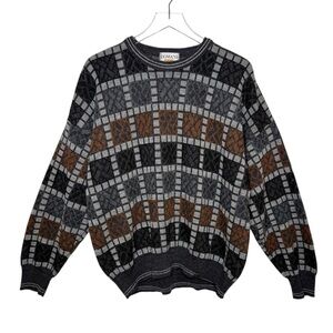 Vintage Wool Blend Grandpa Gray Checker Board Oversized Crew Neck Sweater Sz XL